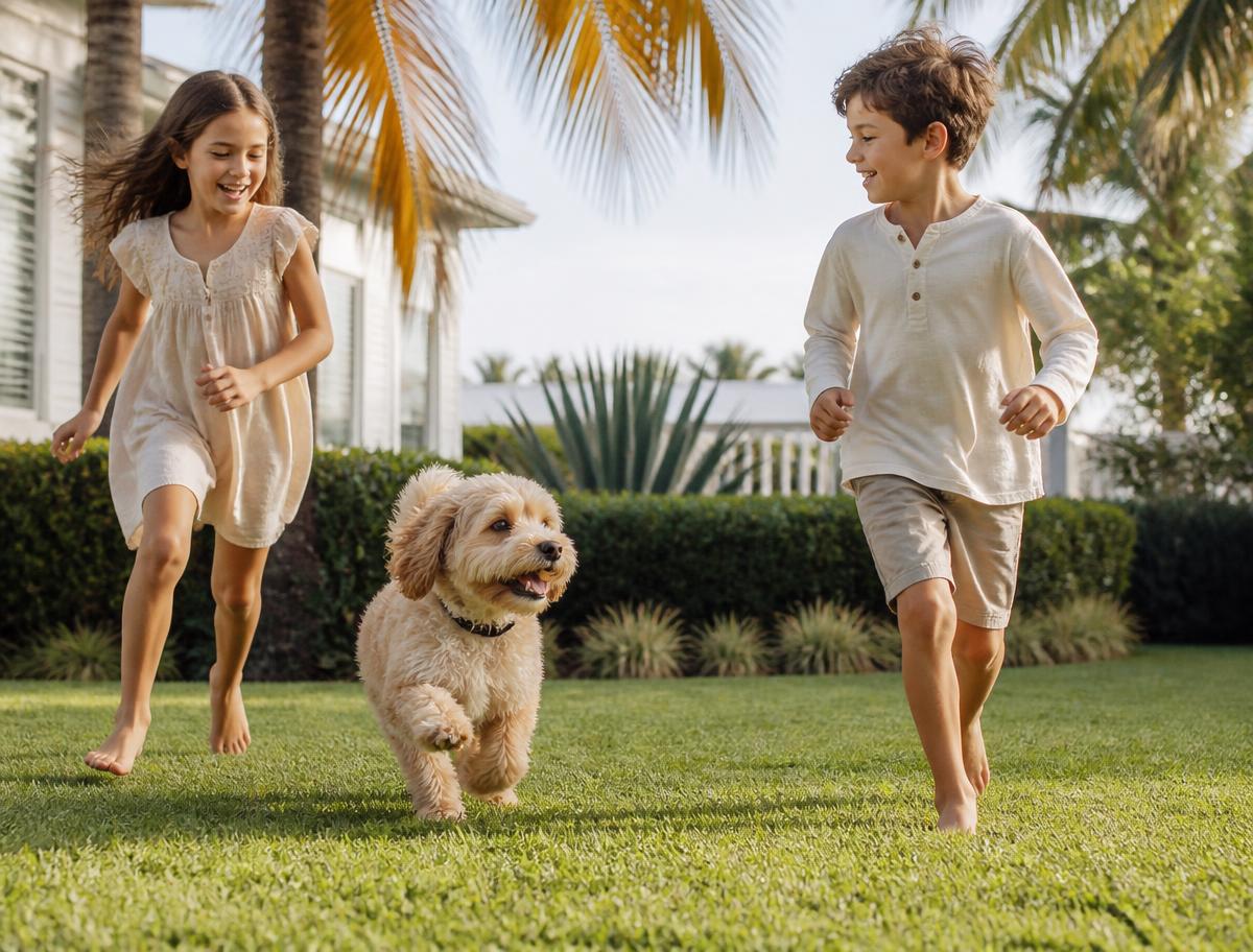 Two children running across a clean green backyard lawn with a small friendly dog